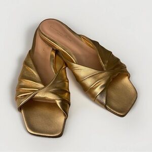 NEW! Gianvito Rossi Women's Selene Gold- Metallic Nappa Flat Slide Sz:37 $895